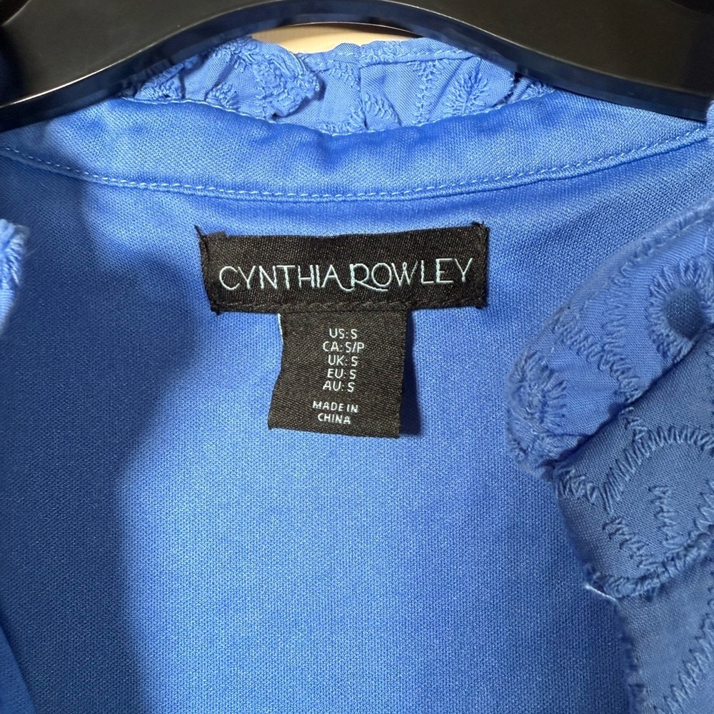 Cynthia Rowley 3/4 Sleeve V-Neck Ruffle Bottom Blue Cotton Dress Size Small - Picture 5 of 8